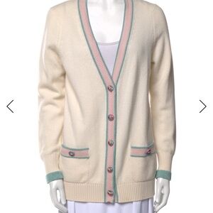 CHANEL Cream Cardigan with Pink and Green Trim